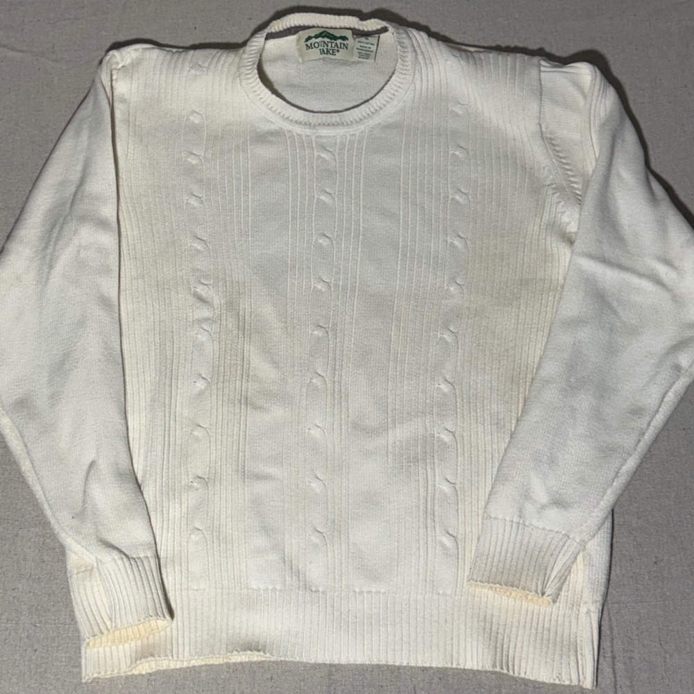 Mountain Lake Mens XL Cream Cable Knit Sweater 100% Cotton Crew Pullover